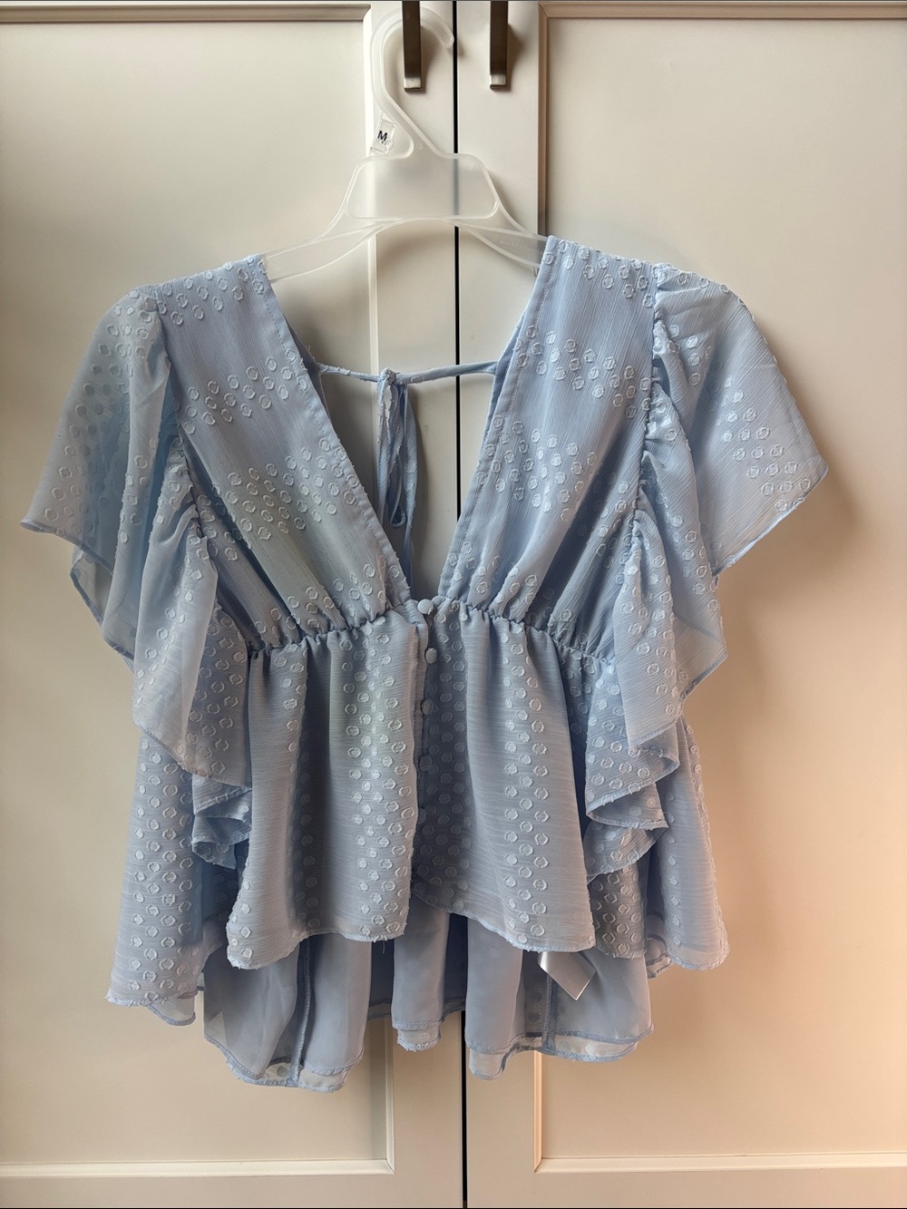 Light Blue Ruffled V-Neck Peplum Blouse